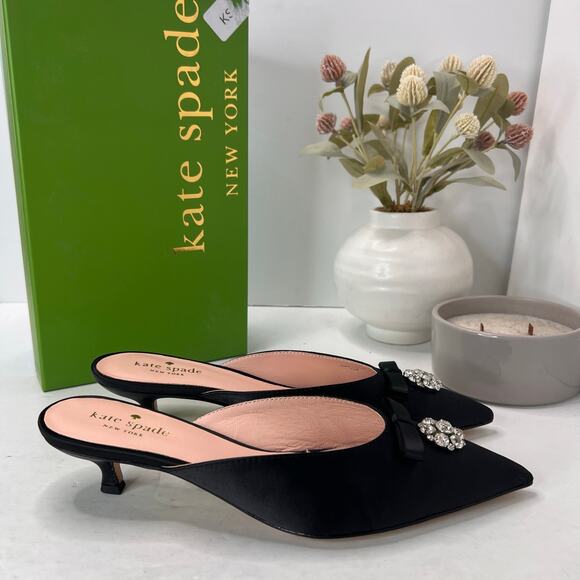 Kate Spade Darlene Satin Crystal/Bow Kitten Heel Mule Black Women 7M Tried On - Picture 4 of 11